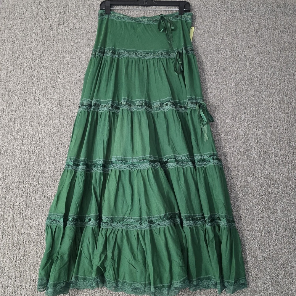 VTG Banana USA Green Tiered Lace Trim Maxi Skirt Boho Prairie Cottagecore L NWT